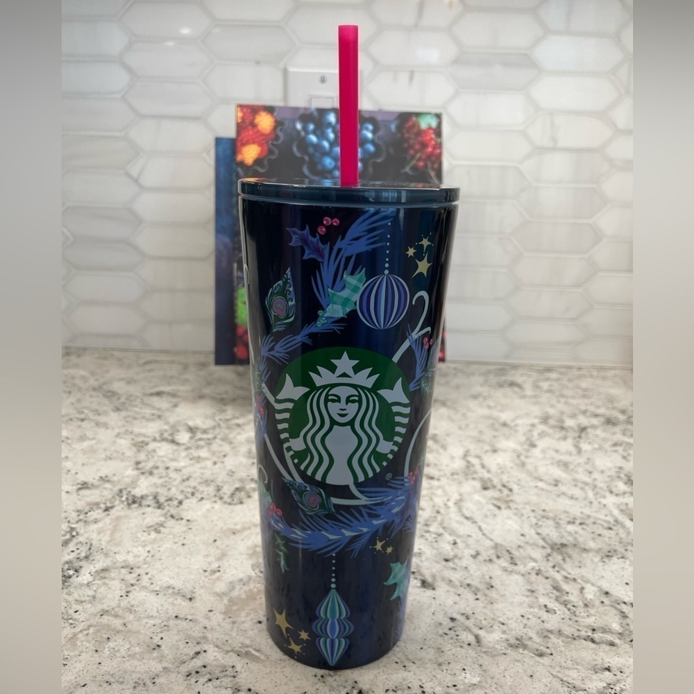 Starbucks 2024 Holiday Blue Peacock Feathers Pine Boughs Winter SS Tumbler. NWT - Picture 2 of 7